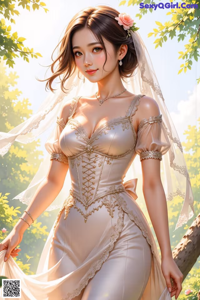 A woman in a wedding dress standing in a forest.
