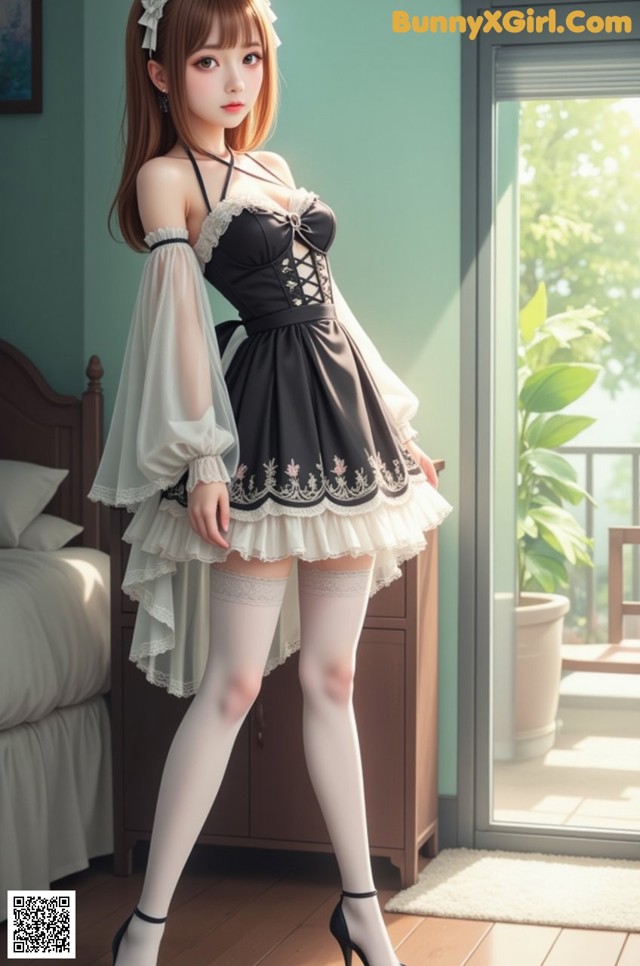 a woman in a black and white dress and stockings