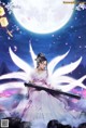 A woman in a white dress holding a sword in front of a full moon.