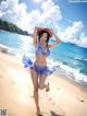 A woman in a bikini and hat on the beach.