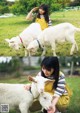 A woman kneeling down petting a white goat in a field.