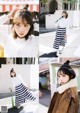 A collage of photos of a woman in a white shirt and striped skirt.