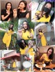 A collage of photos of a woman in a yellow dress eating food.