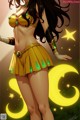 A woman in a yellow bikini standing in front of a crescent moon.